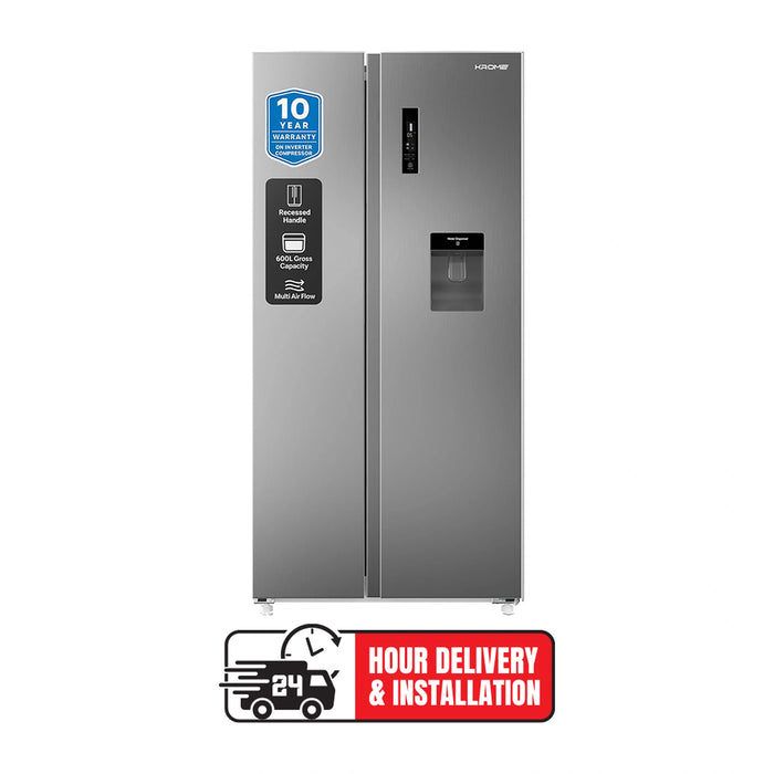 KROME  600L Gross Side by Side Refrigerator | Water Dispenser | Multi Air Flow | Door Alarm | Recessed Handle | No Frost | Electronic Touch Temperature Control | Inox | 10 Year Compressor Warranty | KR-SBS600WM