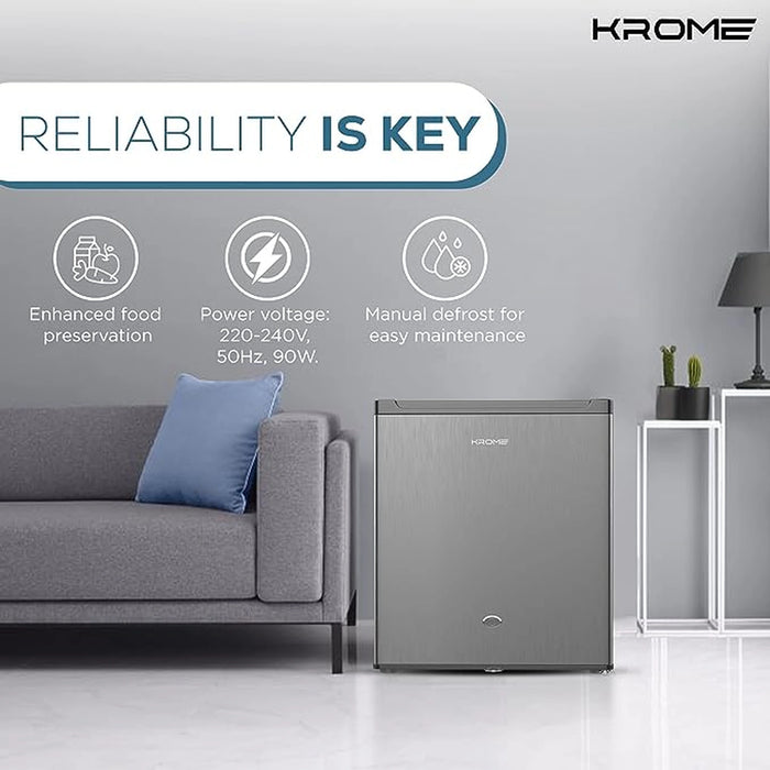 KROME 60L Single Door Refrigerator | Energy Class A+ | Ideal for Small Spaces | Reversible Door | Mini Fridge for Kitchen, Bedroom, Office & Minibar | Silver | KR-RDC60H