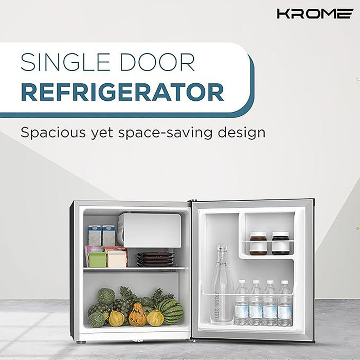 KROME 60L Single Door Refrigerator | Energy Class A+ | Ideal for Small Spaces | Reversible Door | Mini Fridge for Kitchen, Bedroom, Office & Minibar | Silver | KR-RDC60H