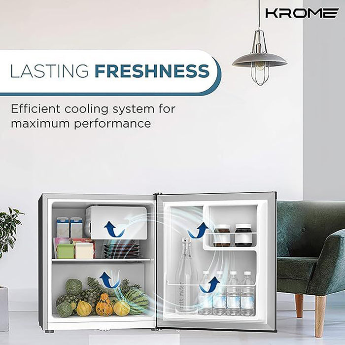 KROME 60L Single Door Refrigerator | Energy Class A+ | Ideal for Small Spaces | Reversible Door | Mini Fridge for Kitchen, Bedroom, Office & Minibar | Silver | KR-RDC60H