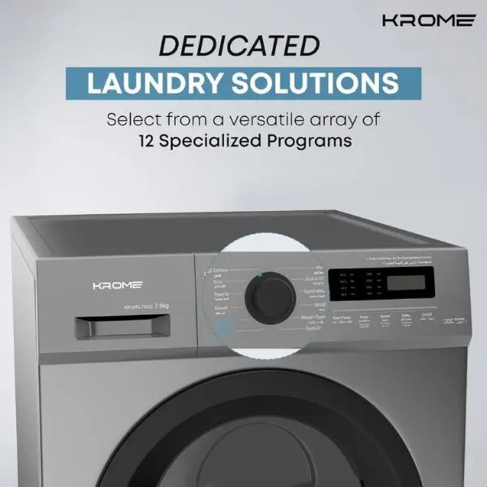 KROME 7Kg 1400 RPM Front Loading Washing Machine | LED Display | BLDC Inverter Motor | 12 Wash Programs | 4 Star Energy Efficient | Variable Temperature Setting | Titanium | KR-WFL70SSI
