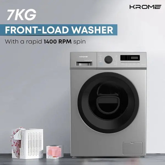 KROME 7Kg 1400 RPM Front Loading Washing Machine | LED Display | BLDC Inverter Motor | 12 Wash Programs | 4 Star Energy Efficient | Variable Temperature Setting | Titanium | KR-WFL70SSI