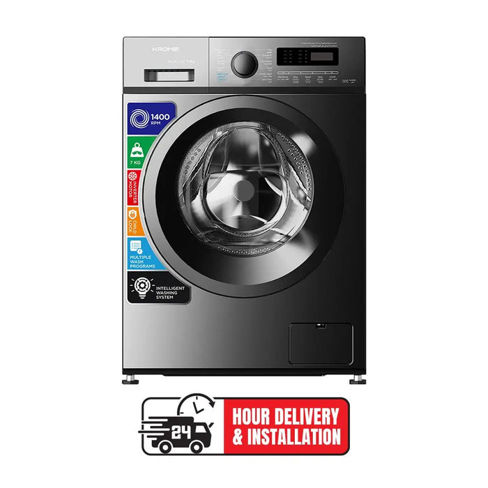 KROME 7Kg 1400 RPM Front Loading Washing Machine | LED Display | BLDC Inverter Motor | 12 Wash Programs | 4 Star Energy Efficient | Variable Temperature Setting | Titanium | KR-WFL70SSI