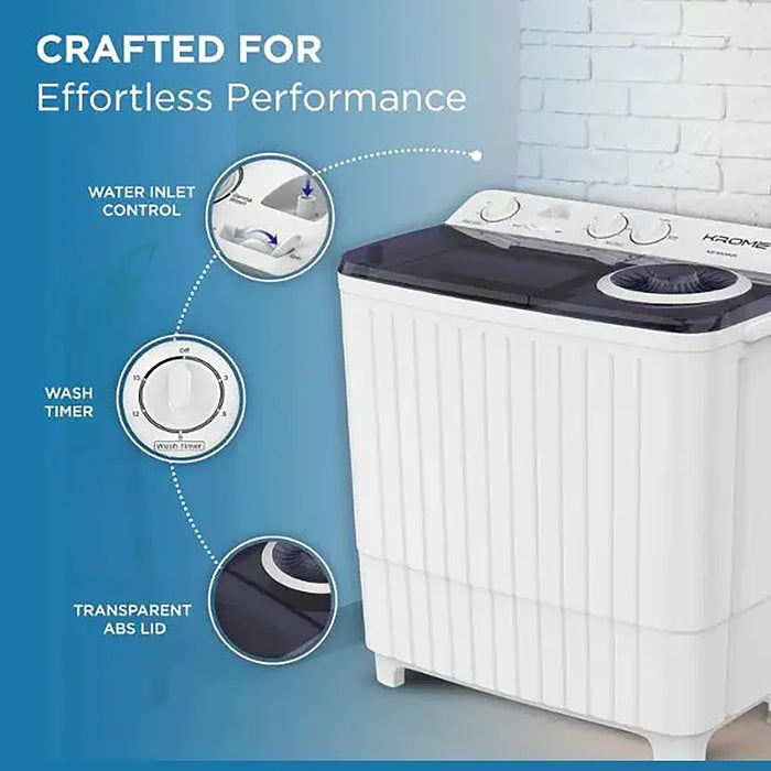 KROME 8KG Twin Tub Semi-Automatic Washing Machine | Powerful Wash | Mechanical Wash Timer | Intuitive Control | Durable Aluminium Spin Motor | 360W Wash & 170W Spin | White | KR-WSA80K