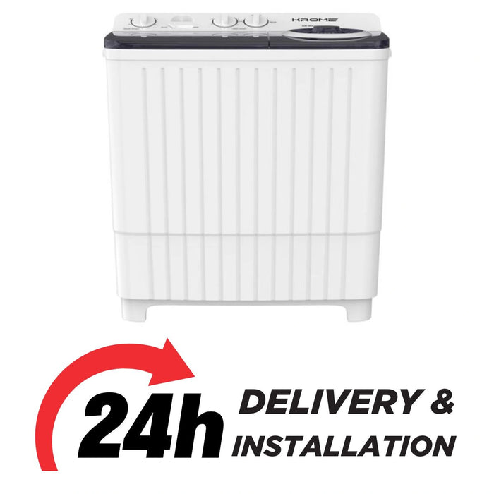 KROME 8KG Twin Tub Semi-Automatic Washing Machine | Powerful Wash | Mechanical Wash Timer | Intuitive Control | Durable Aluminium Spin Motor | 360W Wash & 170W Spin | White | KR-WSA80K