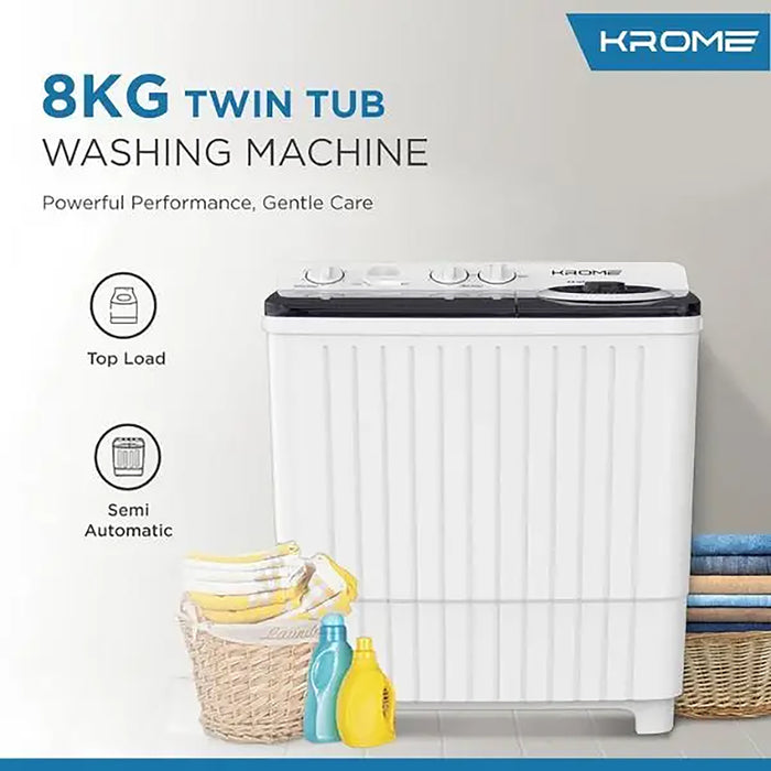 KROME 8KG Twin Tub Semi-Automatic Washing Machine | Powerful Wash | Mechanical Wash Timer | Intuitive Control | Durable Aluminium Spin Motor | 360W Wash & 170W Spin | White | KR-WSA80K