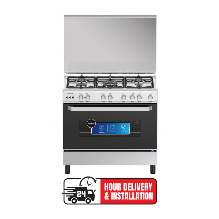 Krome 90x60cm Cooking Range| Matte Stainless Steel | Dual Layer Tempered Glass| Auto Ignition| Cast Iron Pan Support| Flame Failure Device| Adjustable Legs| LPG 28mbar| KR-CR9060G EROS