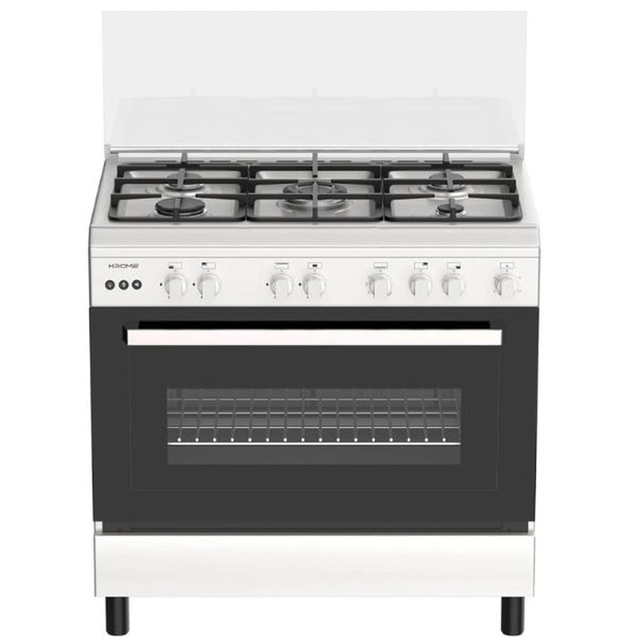 Krome 90x60cm Cooking Range| Matte Stainless Steel | Dual Layer Tempered Glass| Auto Ignition| Cast Iron Pan Support| Flame Failure Device| Adjustable Legs| LPG 28mbar| KR-CR9060G EROS