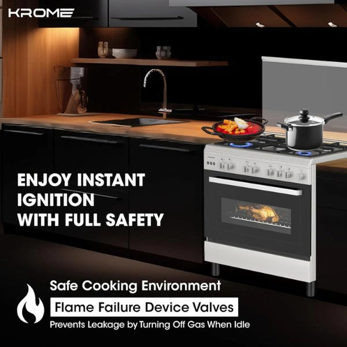 Krome 90x60cm Cooking Range| Matte Stainless Steel | Dual Layer Tempered Glass| Auto Ignition| Cast Iron Pan Support| Flame Failure Device| Adjustable Legs| LPG 28mbar| KR-CR9060G EROS