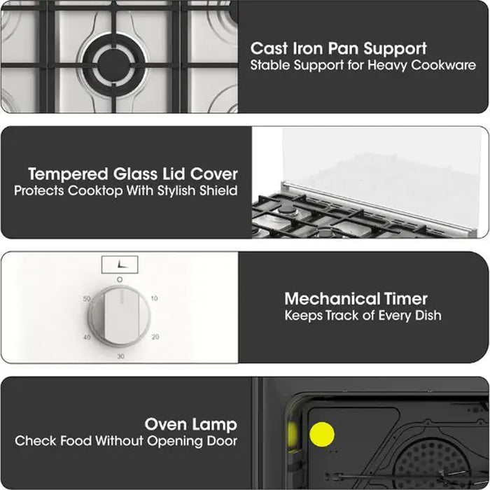 Krome 90x60cm Cooking Range| Matte Stainless Steel | Dual Layer Tempered Glass| Auto Ignition| Cast Iron Pan Support| Flame Failure Device| Adjustable Legs| LPG 28mbar| KR-CR9060G EROS