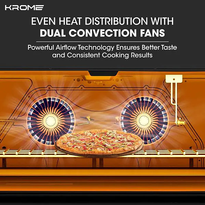 Pizza baking in an oven with dual convection fans and Krome branding.