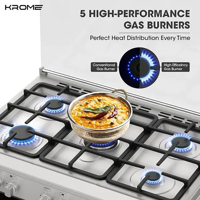 Gas stove with five high-performance gas burners and a bowl of food on one of them, featuring Krome branding.