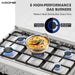 Gas stove with five high-performance gas burners and a bowl of food on one of them, featuring Krome branding.