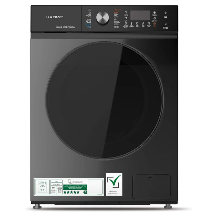 Krome Front Loading Washer Dryer Machine | 10 Kg Washing | 7 Kg Drying | 1400 RPM Spin | Variable Temperature | Foam Sensing & Removal | BLDC Motor | Auto Restart | Auto Balance | Load Detect | Child Lock | Black | KR-WD107STI