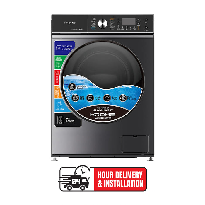Krome Front Loading Washer Dryer Machine | 10 Kg Washing | 7 Kg Drying | 1400 RPM Spin | Variable Temperature | Foam Sensing & Removal | BLDC Motor | Auto Restart | Auto Balance | Load Detect | Child Lock | Black | KR-WD107STI