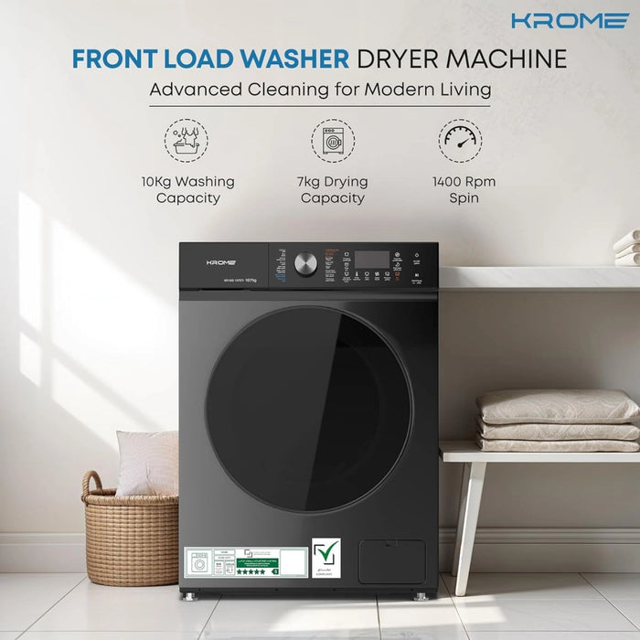 Krome Front Loading Washer Dryer Machine | 10 Kg Washing | 7 Kg Drying | 1400 RPM Spin | Variable Temperature | Foam Sensing & Removal | BLDC Motor | Auto Restart | Auto Balance | Load Detect | Child Lock | Black | KR-WD107STI