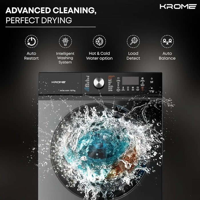 Krome Front Loading Washer Dryer Machine | 10 Kg Washing | 7 Kg Drying | 1400 RPM Spin | Variable Temperature | Foam Sensing & Removal | BLDC Motor | Auto Restart | Auto Balance | Load Detect | Child Lock | Black | KR-WD107STI