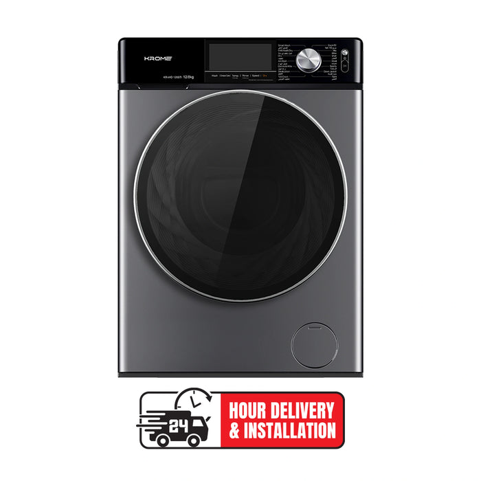 Krome Front Loading Washer Dryer Machine | 12 Kg Washing | 8 Kg Drying | 1400 RPM Spin | Variable Temperature | Foam Sensing & Removal | Auto Restart | Child Lock | Black | KR-WD128STI