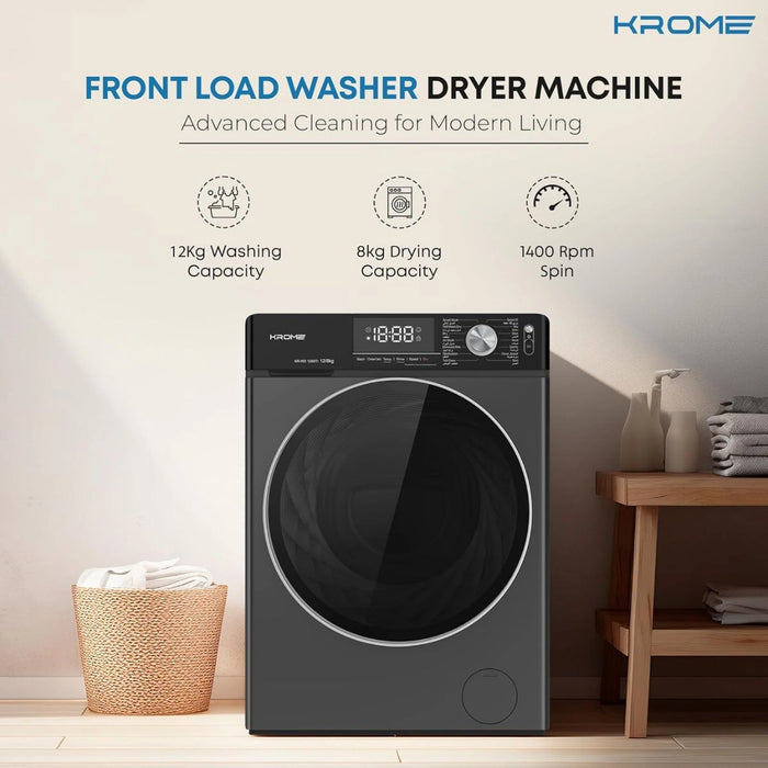 Krome Front Loading Washer Dryer Machine | 12 Kg Washing | 8 Kg Drying | 1400 RPM Spin | Variable Temperature | Foam Sensing & Removal | Auto Restart | Child Lock | Black | KR-WD128STI
