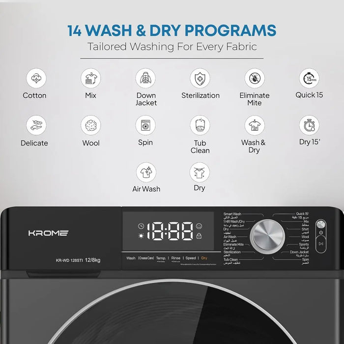 Krome Front Loading Washer Dryer Machine | 12 Kg Washing | 8 Kg Drying | 1400 RPM Spin | Variable Temperature | Foam Sensing & Removal | Auto Restart | Child Lock | Black | KR-WD128STI