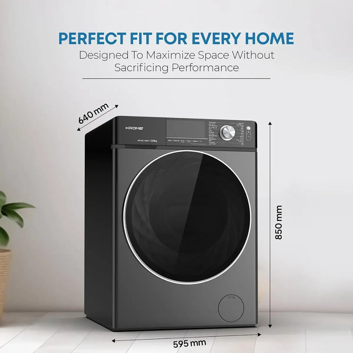 Krome Front Loading Washer Dryer Machine | 12 Kg Washing | 8 Kg Drying | 1400 RPM Spin | Variable Temperature | Foam Sensing & Removal | Auto Restart | Child Lock | Black | KR-WD128STI