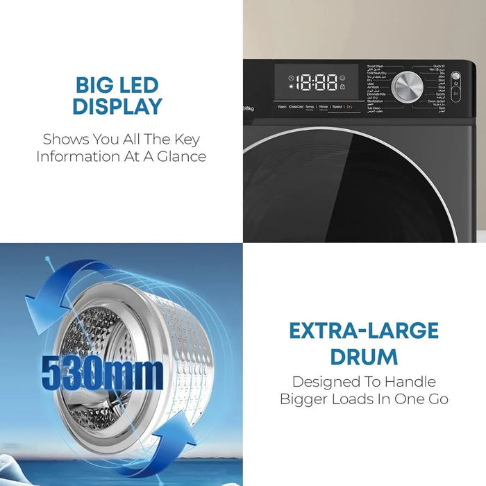 Krome Front Loading Washer Dryer Machine | 12 Kg Washing | 8 Kg Drying | 1400 RPM Spin | Variable Temperature | Foam Sensing & Removal | Auto Restart | Child Lock | Black | KR-WD128STI