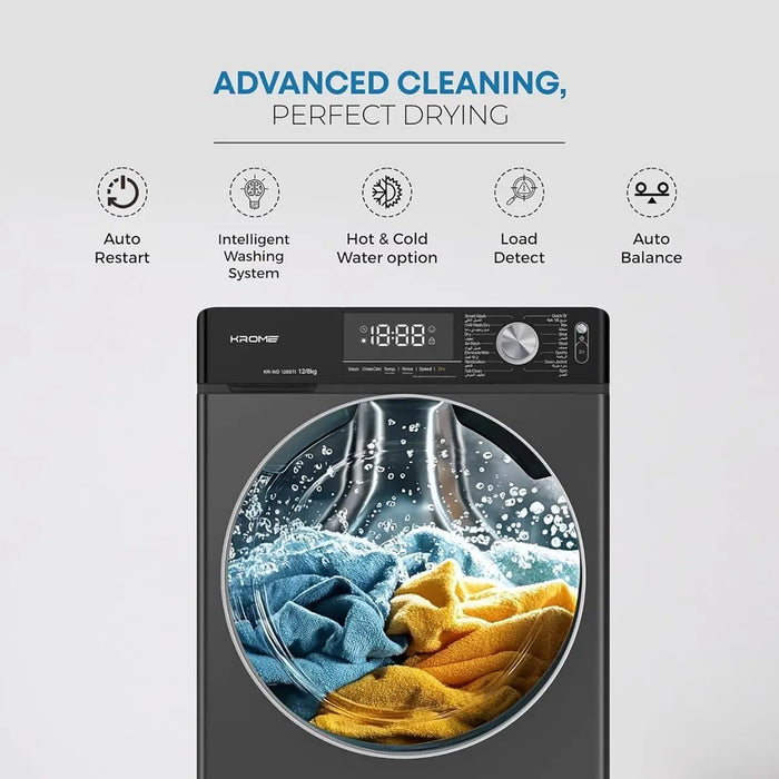 Krome Front Loading Washer Dryer Machine | 12 Kg Washing | 8 Kg Drying | 1400 RPM Spin | Variable Temperature | Foam Sensing & Removal | Auto Restart | Child Lock | Black | KR-WD128STI