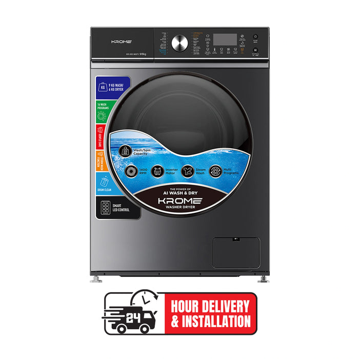 Krome Front Loading Washer Dryer Machine | 9 Kg Washing | 6Kg Drying | 1400 RPM Spin | Variable Temperature | Foam Sensing & Removal | Auto Restart | Child Lock | Titanium | KR-WD96STI