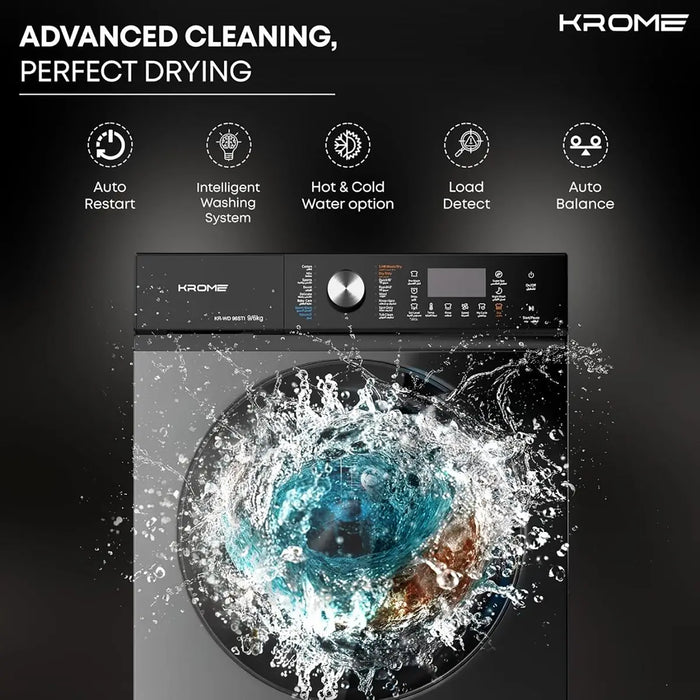 Krome Front Loading Washer Dryer Machine | 9 Kg Washing | 6Kg Drying | 1400 RPM Spin | Variable Temperature | Foam Sensing & Removal | Auto Restart | Child Lock | Titanium | KR-WD96STI
