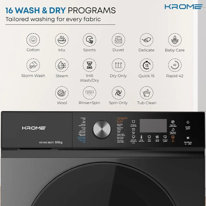Krome Front Loading Washer Dryer Machine | 9 Kg Washing | 6Kg Drying | 1400 RPM Spin | Variable Temperature | Foam Sensing & Removal | Auto Restart | Child Lock | Titanium | KR-WD96STI