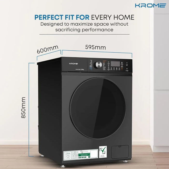 Krome Front Loading Washer Dryer Machine | 9 Kg Washing | 6Kg Drying | 1400 RPM Spin | Variable Temperature | Foam Sensing & Removal | Auto Restart | Child Lock | Titanium | KR-WD96STI