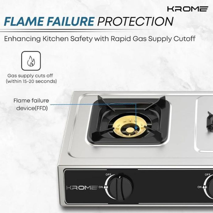 Krome Gas Stove 3 Burners| Auto Ignition| Two 100MM + Single 30MM Brass Burner Cap| LPG Cooktop| Flame Failure Device| Enamel Square Pan Support| CE Approved| Stainless Steel Body | KR-GSFC3041