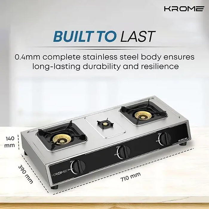 Krome Gas Stove 3 Burners| Auto Ignition| Two 100MM + Single 30MM Brass Burner Cap| LPG Cooktop| Flame Failure Device| Enamel Square Pan Support| CE Approved| Stainless Steel Body | KR-GSFC3041