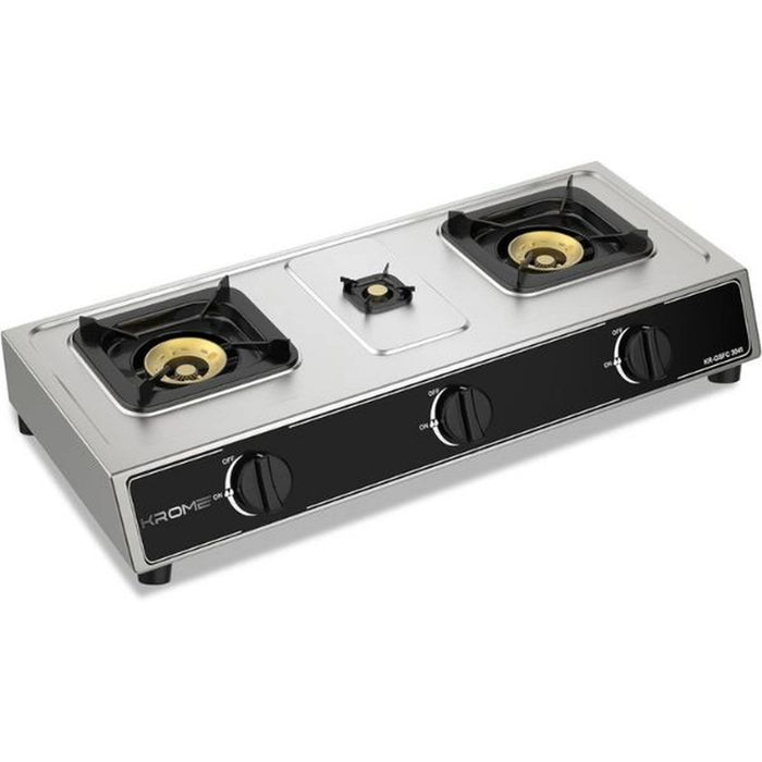 Krome Gas Stove 3 Burners| Auto Ignition| Two 100MM + Single 30MM Brass Burner Cap| LPG Cooktop| Flame Failure Device| Enamel Square Pan Support| CE Approved| Stainless Steel Body | KR-GSFC3041