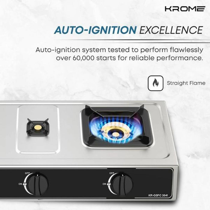 Krome Gas Stove 3 Burners| Auto Ignition| Two 100MM + Single 30MM Brass Burner Cap| LPG Cooktop| Flame Failure Device| Enamel Square Pan Support| CE Approved| Stainless Steel Body | KR-GSFC3041