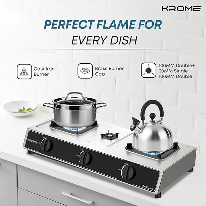 Krome Gas Stove 3 Burners| Auto Ignition| Two 100MM + Single 30MM Brass Burner Cap| LPG Cooktop| Flame Failure Device| Enamel Square Pan Support| CE Approved| Stainless Steel Body | KR-GSFC3041