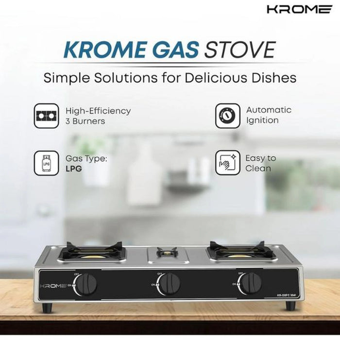 Krome Gas Stove 3 Burners| Auto Ignition| Two 100MM + Single 30MM Brass Burner Cap| LPG Cooktop| Flame Failure Device| Enamel Square Pan Support| CE Approved| Stainless Steel Body | KR-GSFC3041