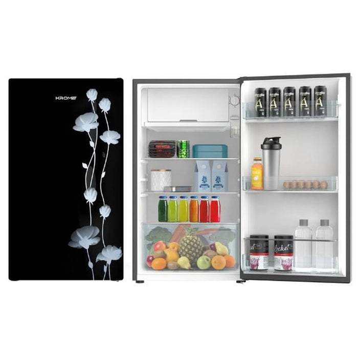 Krome Glass Door Refrigerator | 141L Gross / 90L Net Capacity | Direct Cool | Floral Design | R600a Refrigerant | KR-RF141GG