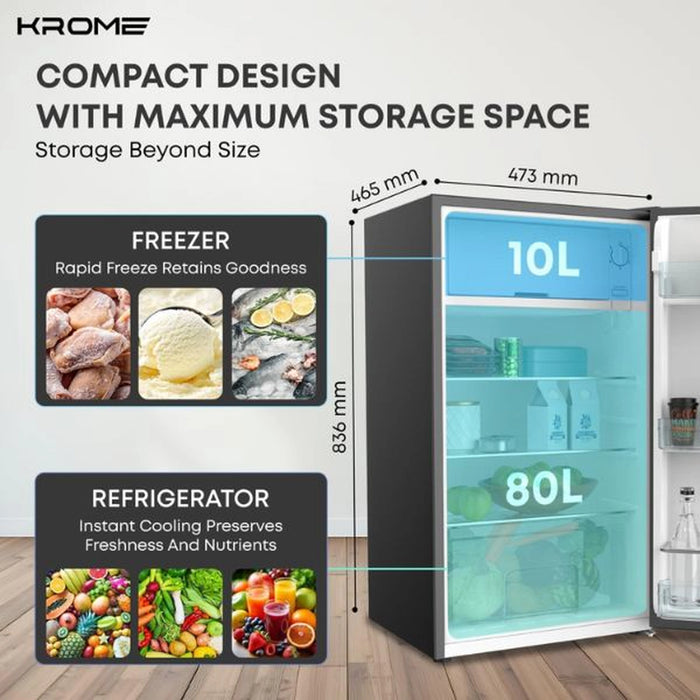 Krome Glass Door Refrigerator | 141L Gross / 90L Net Capacity | Direct Cool | Floral Design | R600a Refrigerant | KR-RF141GG