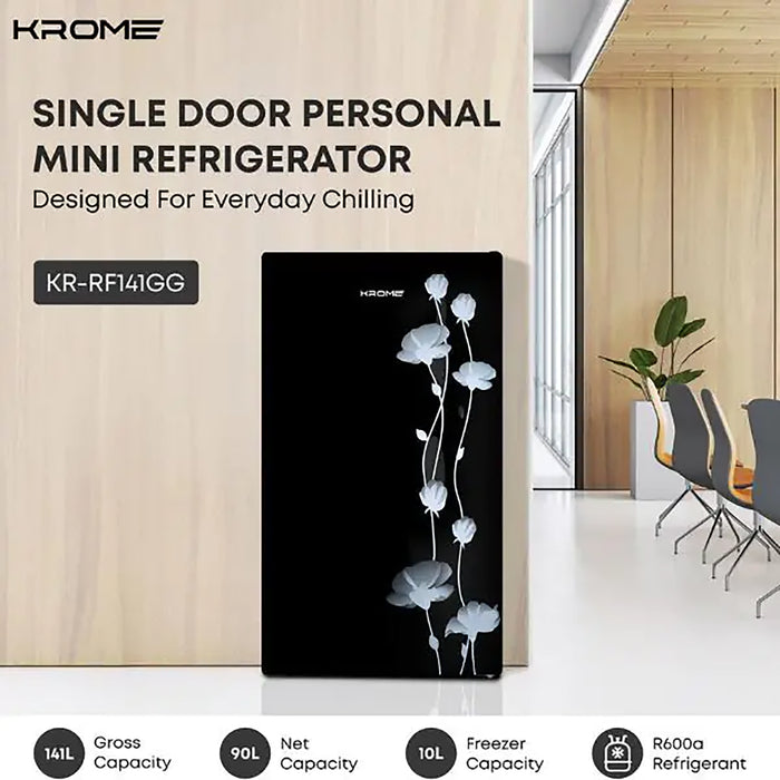 Krome single door personal mini refrigerator with floral design on a modern interior background