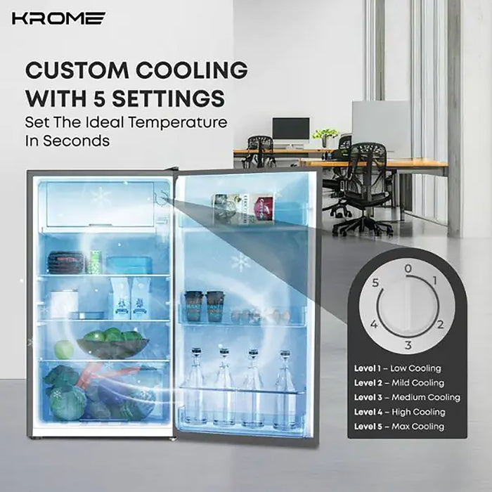 Krome refrigerator with open door showing food items and a desk in the background