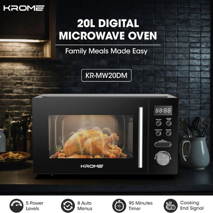 Krome Microwave Oven 20L Capacity| 700W Output| 5 Power Levels| 95-Minute Timer| Cooking End Signal| Grey Painted Cavity| Black Color | KR-MW20DM