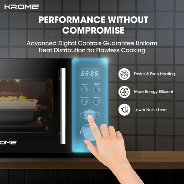 Krome Microwave Oven 20L Capacity| 700W Output| 5 Power Levels| 95-Minute Timer| Cooking End Signal| Grey Painted Cavity| Black Color | KR-MW20DM