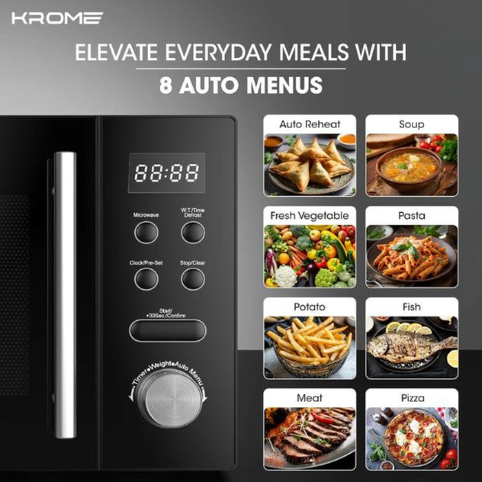 Krome Microwave Oven 20L Capacity| 700W Output| 5 Power Levels| 95-Minute Timer| Cooking End Signal| Grey Painted Cavity| Black Color | KR-MW20DM