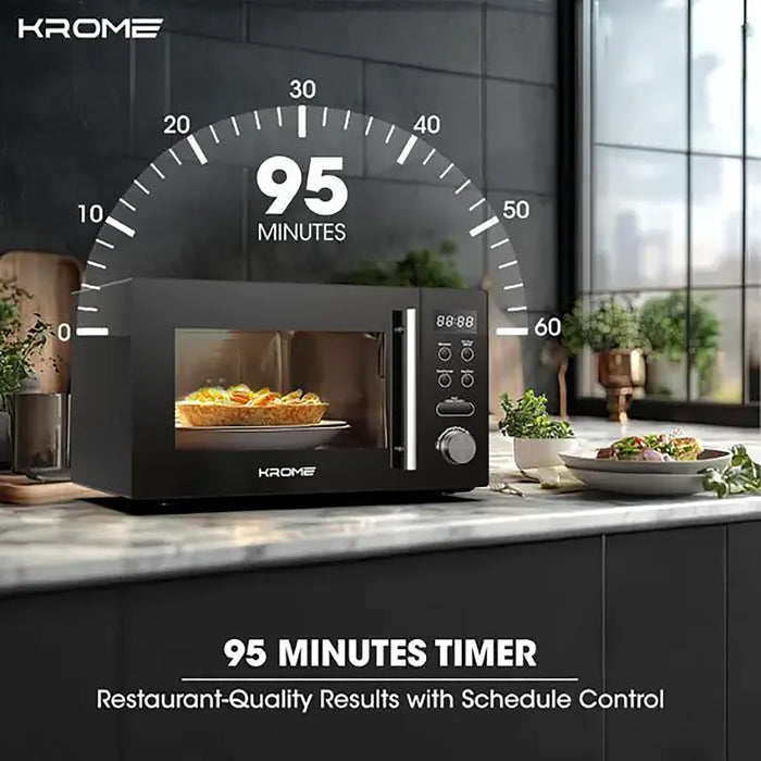 Krome microwave oven with 95-minute timer display in a kitchen setting