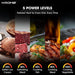 Krome grill with images of food at different power levels on a dark background