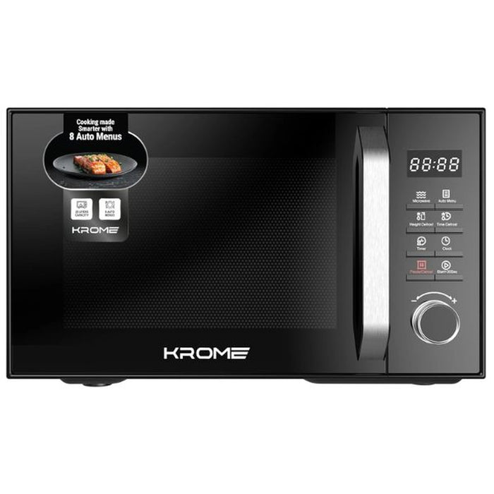 Krome Microwave Oven 25L Capacity| 900W Output| 5 Power Levels| 95-Minute Timer| 8 Auto Menus| Child Safety Lock| Grey Painted Cavity| Black Color | KR-MW25DM