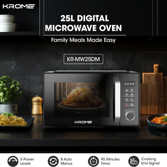 Krome Microwave Oven 25L Capacity| 900W Output| 5 Power Levels| 95-Minute Timer| 8 Auto Menus| Child Safety Lock| Grey Painted Cavity| Black Color | KR-MW25DM