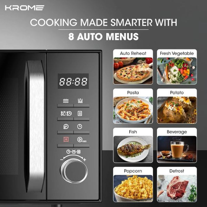 Krome Microwave Oven 25L Capacity| 900W Output| 5 Power Levels| 95-Minute Timer| 8 Auto Menus| Child Safety Lock| Grey Painted Cavity| Black Color | KR-MW25DM