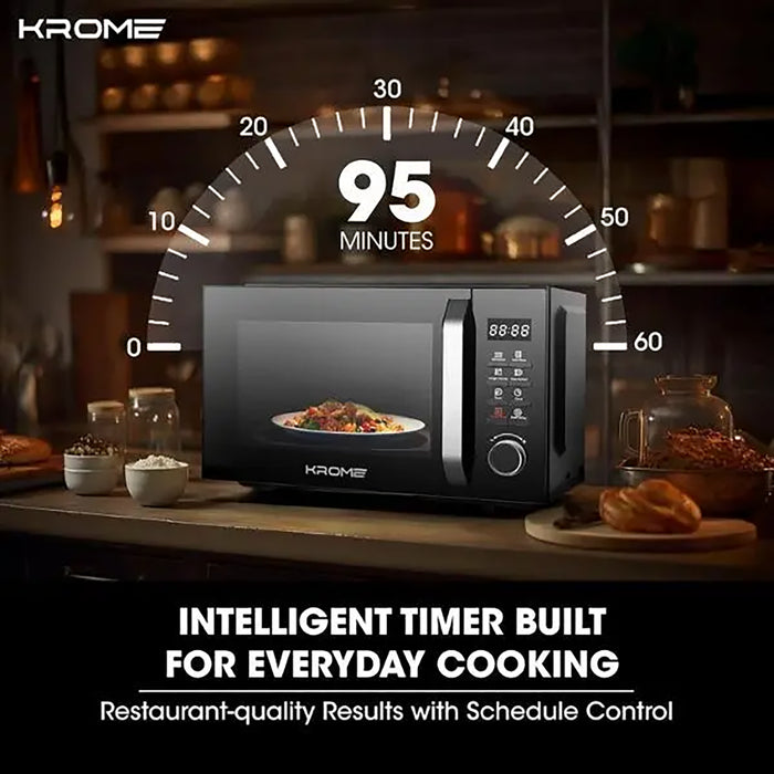 Krome Microwave Oven 25L Capacity| 900W Output| 5 Power Levels| 95-Minute Timer| 8 Auto Menus| Child Safety Lock| Grey Painted Cavity| Black Color | KR-MW25DM